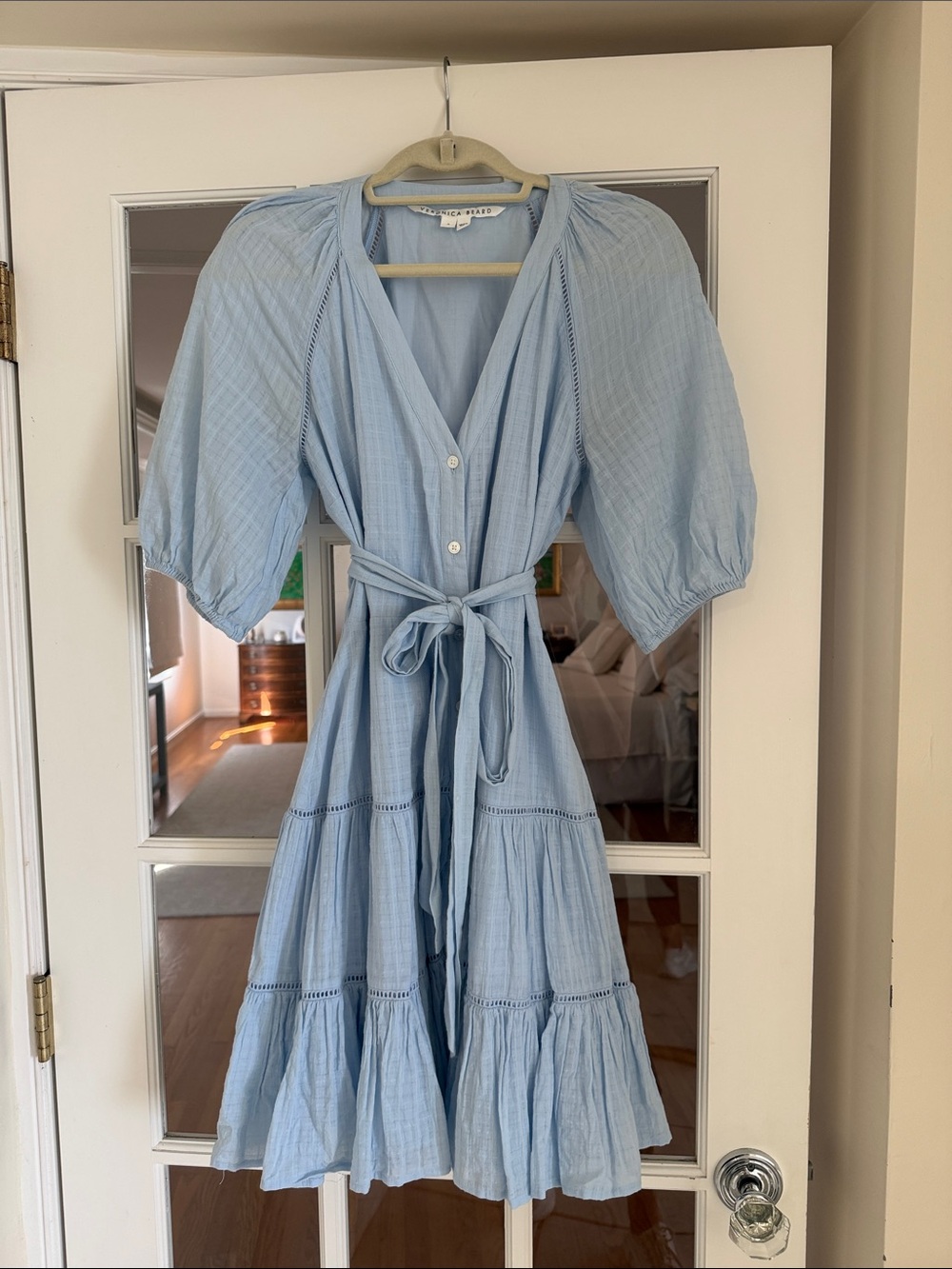 Veronica Beard Powder Blue Tiered V-Neck Midi Dress